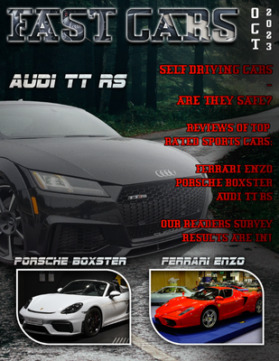 A magazine that reads 'Fast Cars', pictures of different cars to compliment it.